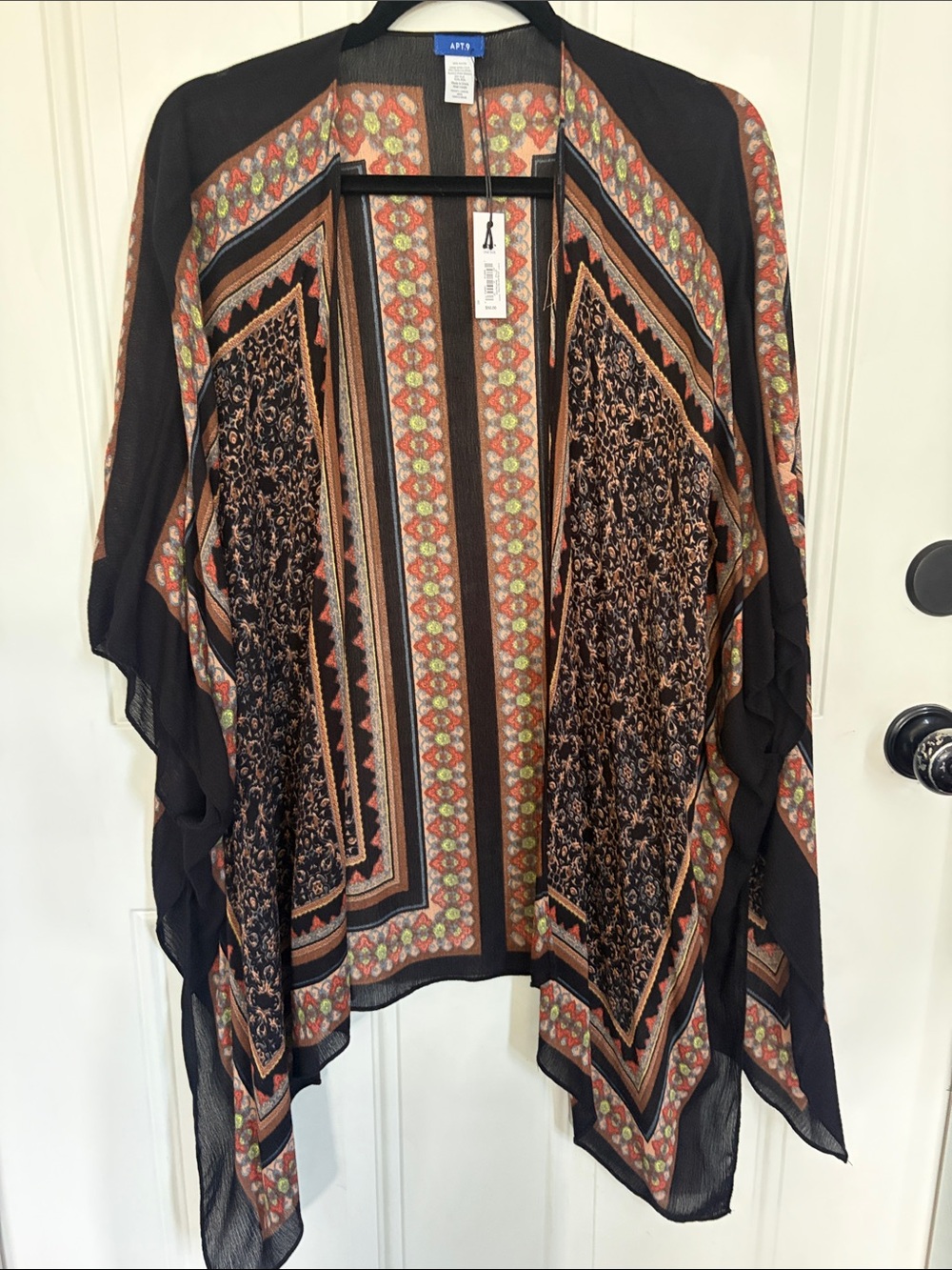 Apt. 9 Black Sheer Kimono with Rust and Olive Medallion Print